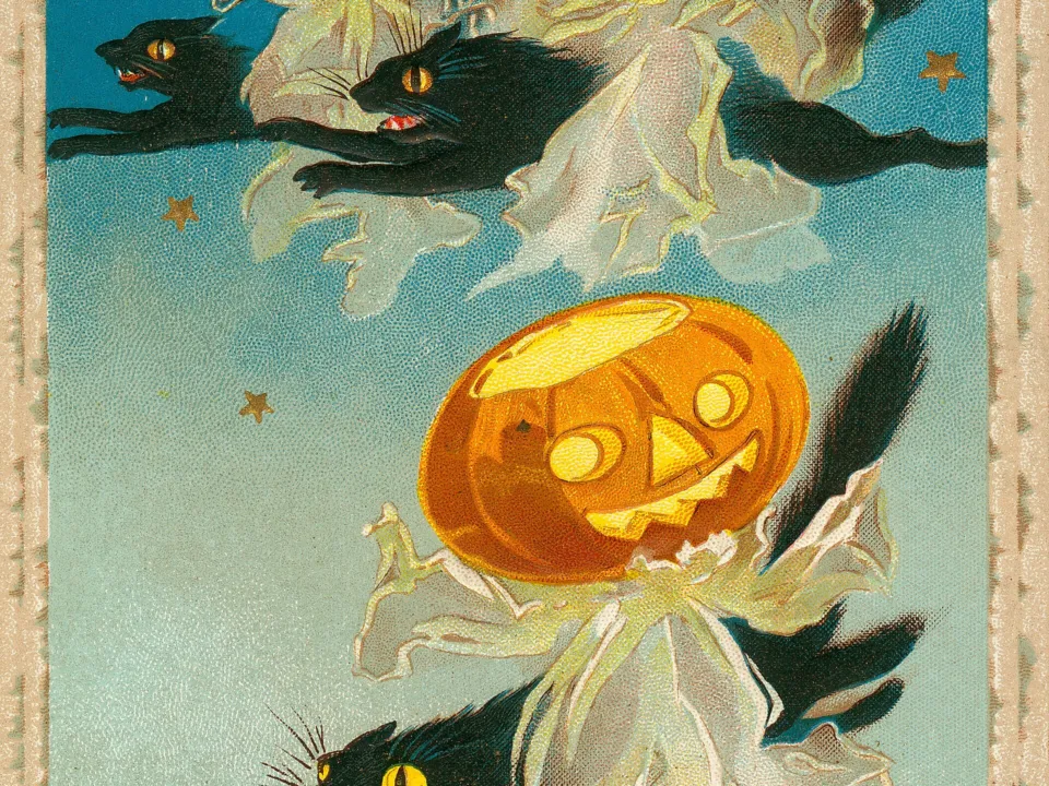 Photo for Postcard: “A Thrilling Hallowe’en.” (Three black cats flying with jack-o’-lanterns)